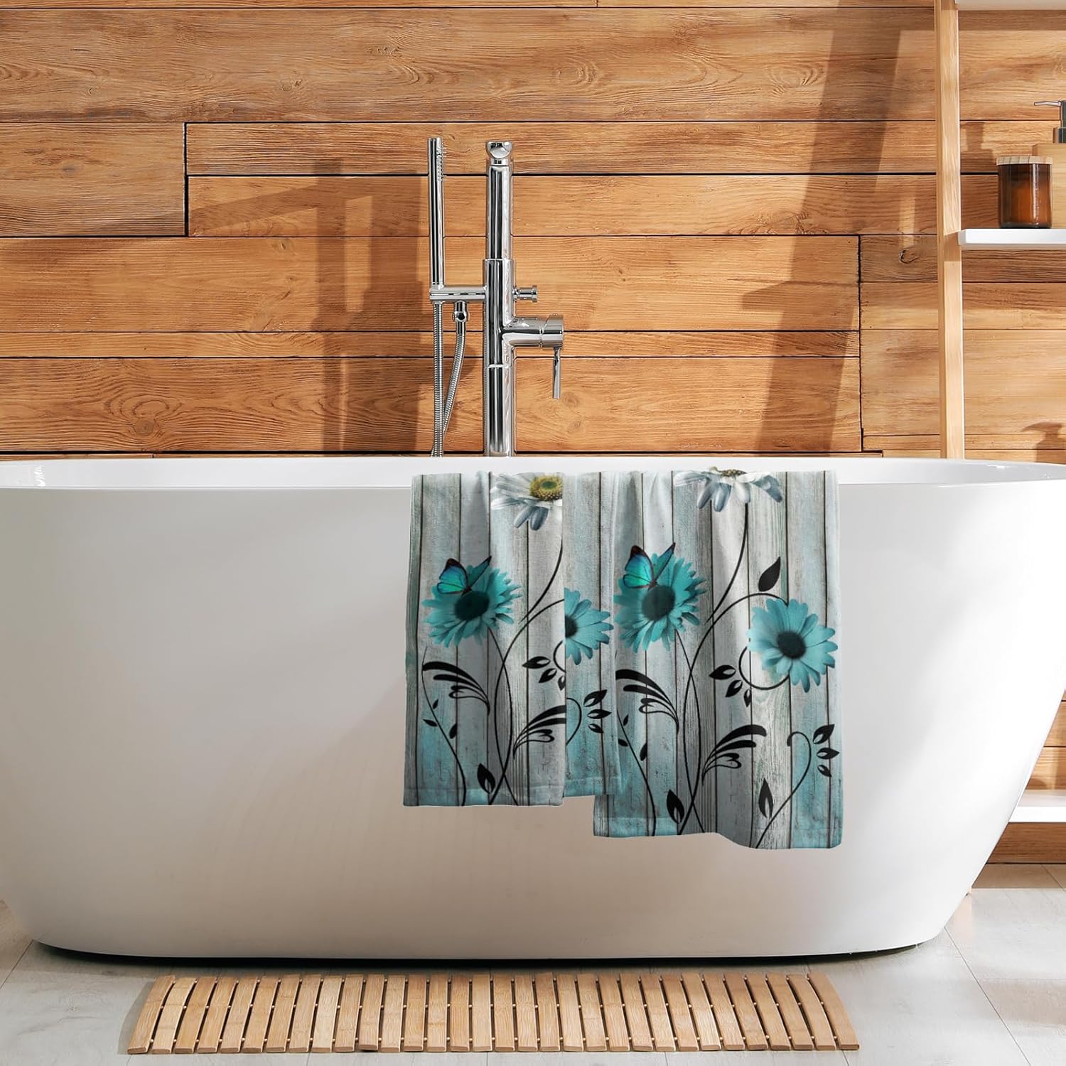 Teal Floral Hand Towels Set of 2 Rustic Daisy Fingertip Towel Soft Absorbent Guest Bath Towel Kitchen Dish Towel for Spa Home Bathroom